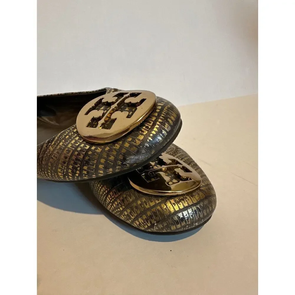 Tory Burch Size 6.5 Gold Reva Leather Slip On Ballet Flats Workwear